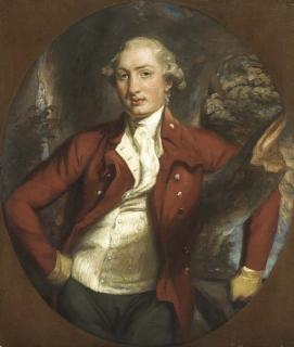 Daniel Gardner - Portrait of a gentleman, half-length, in a brown coat, holding a hat, in a wooded landscape, feigned oval