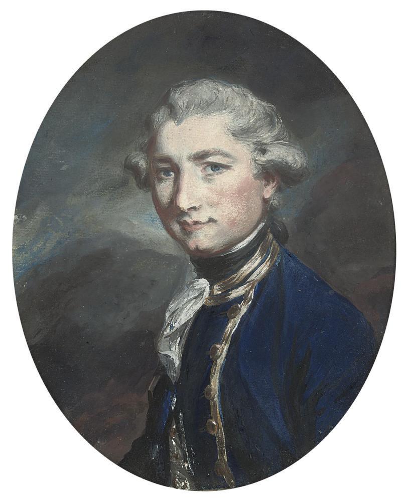 Daniel Gardner - Portrait of a young man, half-length, wearing a blue coat with gold braid