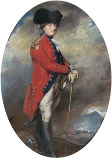 Daniel Gardner - Portrait of Charles, 1st Marquis Cornwallis (1738-1805), small full-length, in uniform, leaning on a cane, in a landscape with a battle beyond