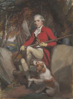 Daniel Gardner - Portrait of Jonas Langford Brooke (c.1758-1784), small full-length, in red coat, with a spaniel