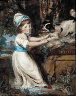 Daniel Gardner - Portrait Of Miss Hall, Full-Length In A White Dress With Blue Trim, Playing With A Black And White Spaniel