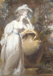 Daniel Gardner - Portrait of Philadelphia de Lancy, in a white dress and sash, leaning on an urn, in a wooded landscape