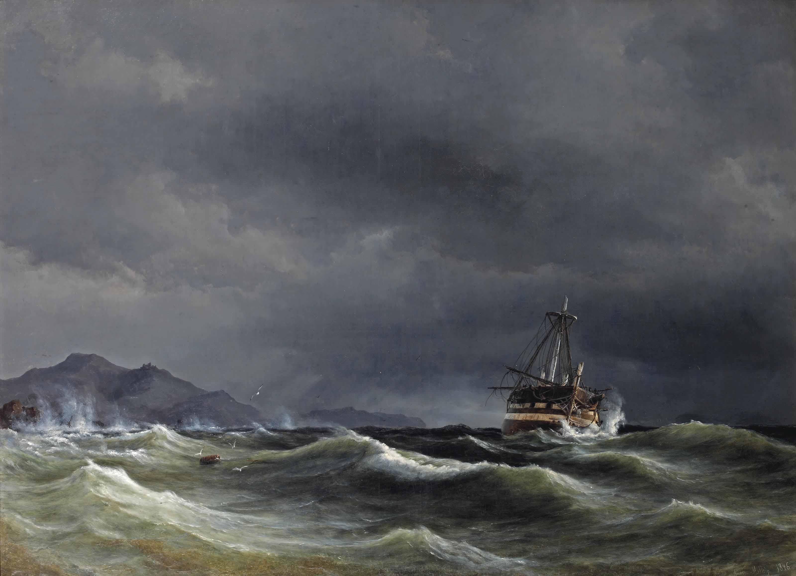 Daniel Hermann Anton Melbye - A sailing vessel in rough sea
