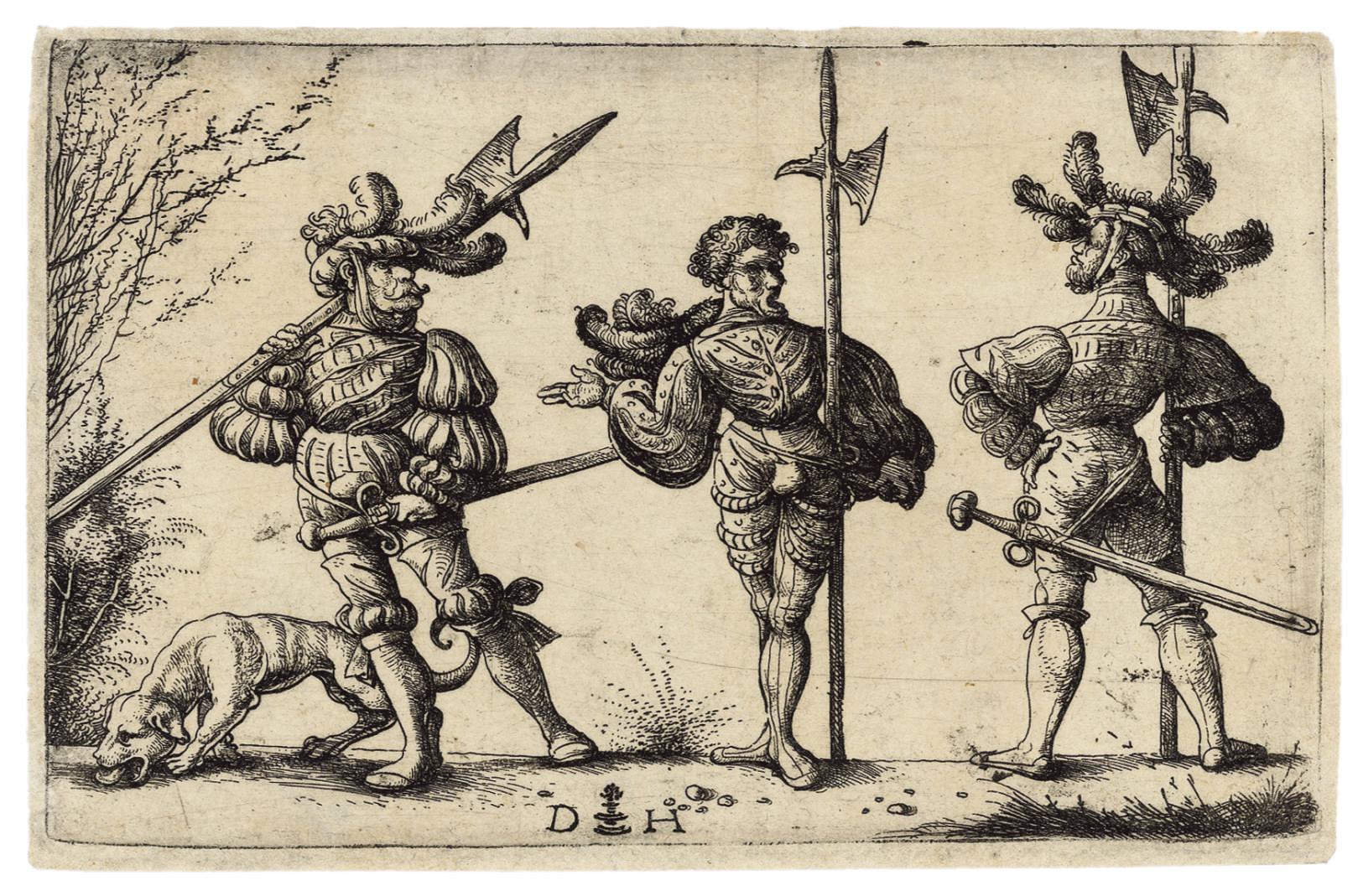 Daniel Hopfer - Three German Soldiers with Halberds and a Dog (B. 61; Holl. 69)