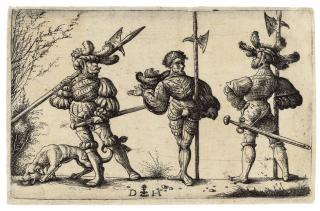 Daniel Hopfer - Three German Soldiers with Halberds and a Dog (B. 61; Holl. 69)