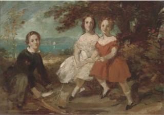 Daniel Maclise, R.A. - A group portrait of three children, small full-length, seated in a landscape, a sketch