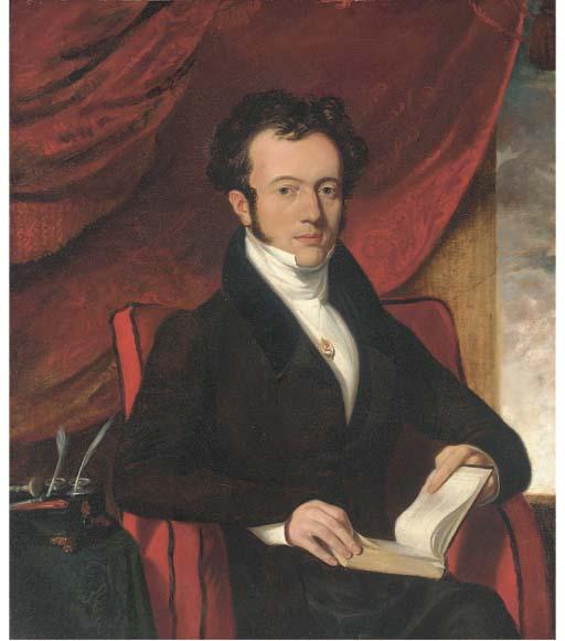 Daniel Maclise, R.A. - Portrait Of M. Marcelles, Honourary Consul To Cork, Half-Length, In A Brown Coat With A Cameo Pinned To A White Waistcoat, Seated In An Interior, On A Red Chair, With An Open Book