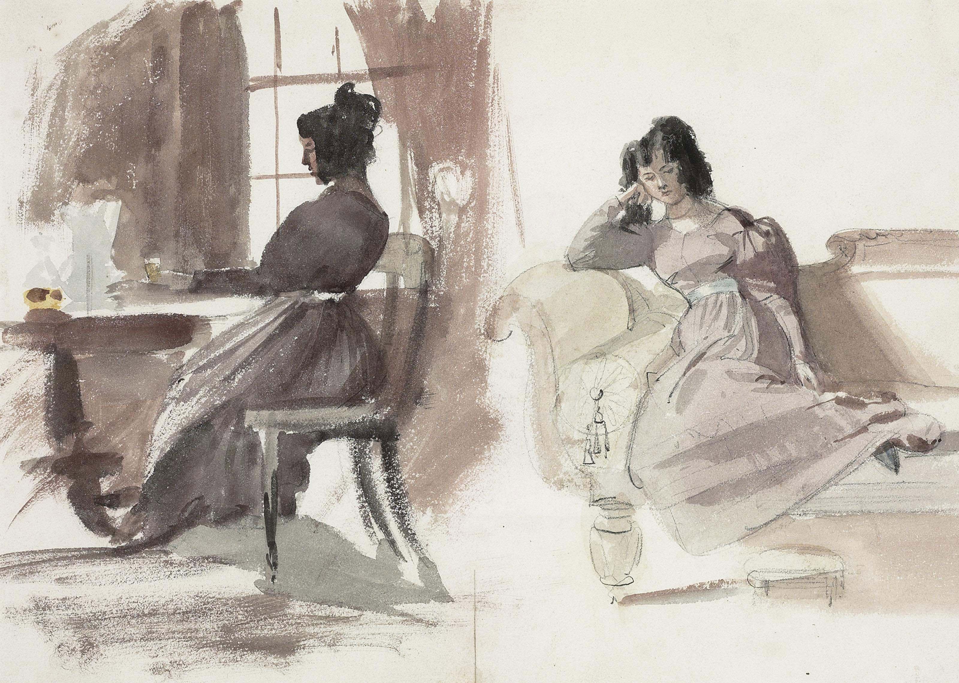 Daniel Maclise, R.A. - Studies of a young lady in a pink dress, seated at her desk and seated on a chaise longue (recto); and studies of an old man with a dog and a boy (verso)