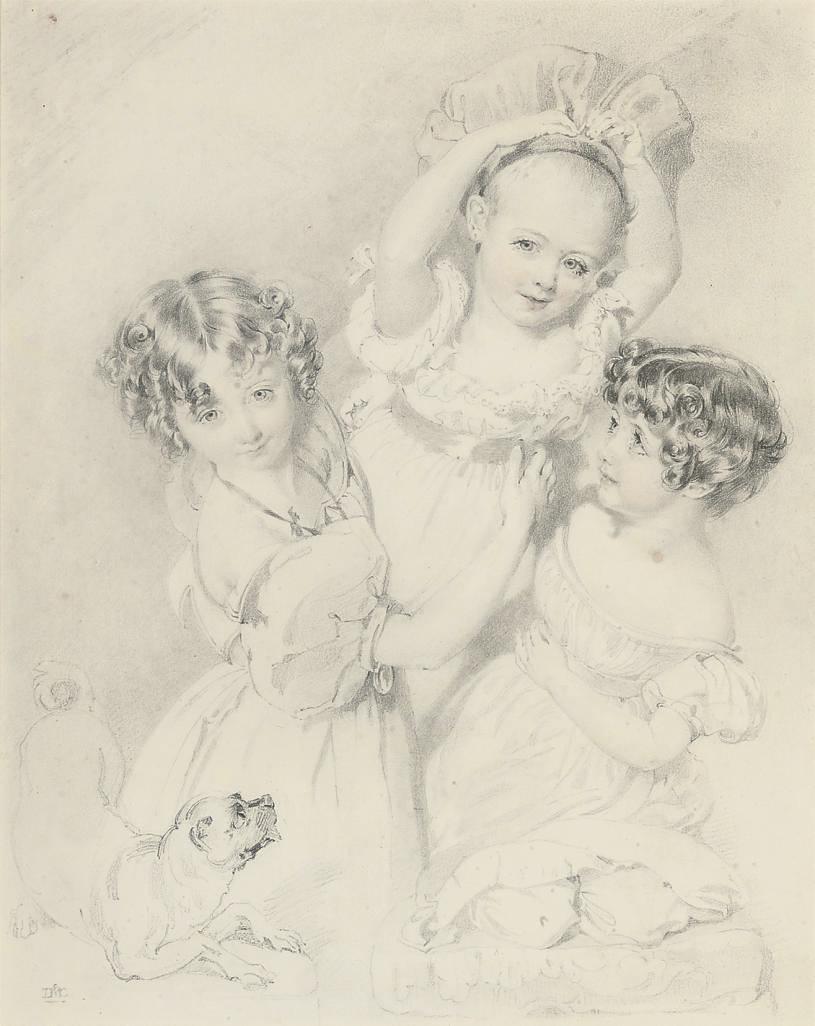 Daniel MacLise, R.A. - Three children playing with a pug