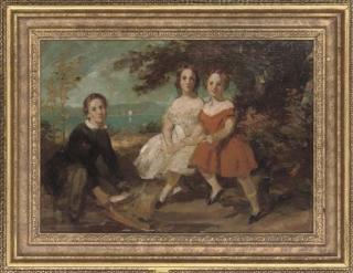 Daniel Maclise - A group portrait of three children, small full-length, seated in a landscape