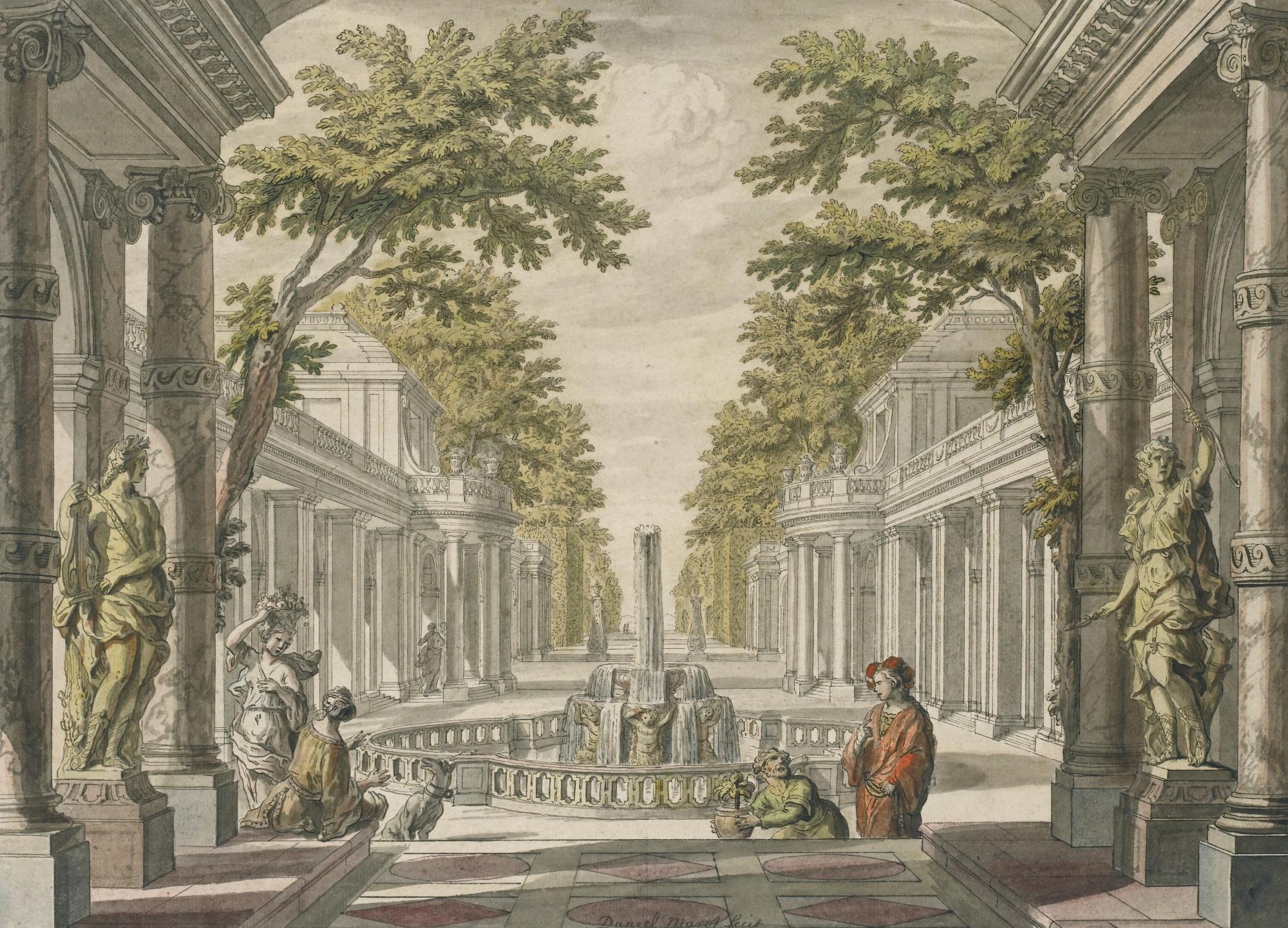 Daniel Marot I - Design For An Ornamental Garden With A Central Fountain And Figures Nearby