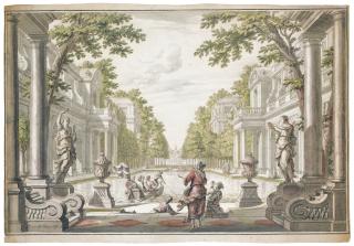 Daniel Marot I - Design For An Ornamental Garden With A Central Pond With Figures Enjoying A Boat Ride And Others Fishing Beyond