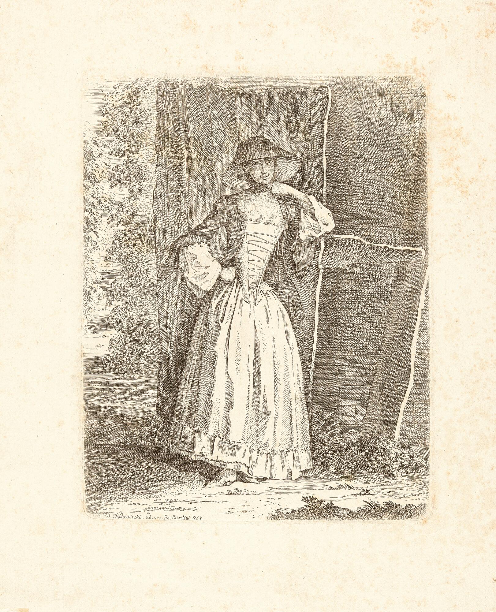 Daniel Nicolas Chodowiecki - 2 Bll.: Eine stehende Dame (Demoiselle Quantin) – Beide stehende