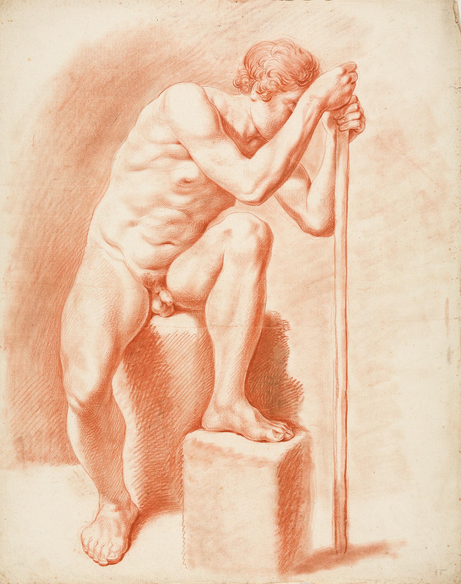 Daniel Nicolas Chodowiecki - Sitzender männlicher Akt, auf einen Stock gestützt.