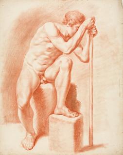 Daniel Nicolas Chodowiecki - Sitzender männlicher Akt, auf einen Stock gestützt.