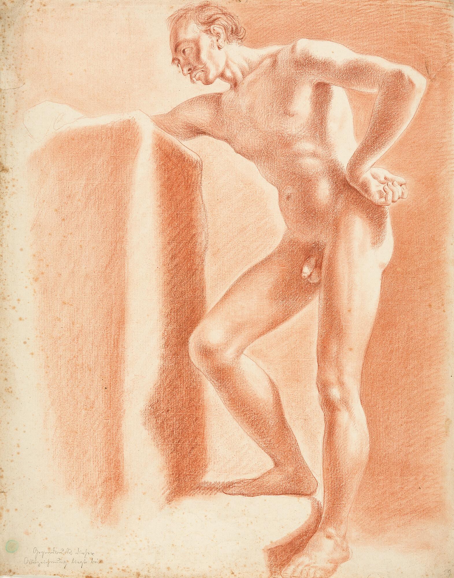 Daniel Nicolas Chodowiecki - Stehender männlicher Akt, über eine Stele gebeugt.