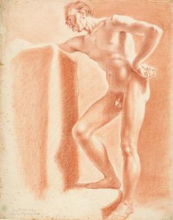 Daniel Nicolas Chodowiecki - Stehender männlicher Akt, über eine Stele gebeugt.