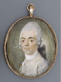 Daniel Nikolaus Chodowiecki - A young gentleman, facing left in light grey coat with gold buttons and light grey waistcoat with gold buttons, white stock, powdered wig en queue