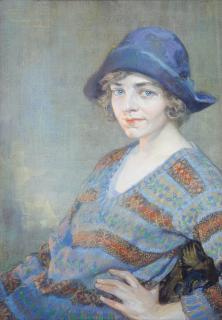 Daniel Pender-Davidson - Portrait of Molly Hickin, seated half-length, in a blue hat and a patterned sweater; and An unfinished portrait of a lady (verso)