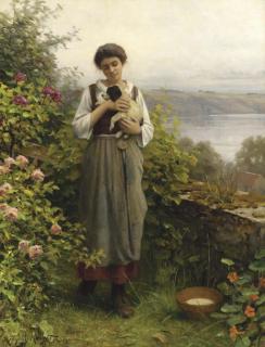Daniel Ridgway Knight - A Young Girl Holding A Puppy