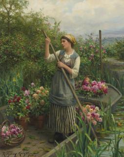 Daniel Ridgway Knight - American gathering Flowers Along The River
