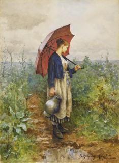 Daniel Ridgway Knight - Portrait Of A Woman With Umbrella Gathering Water