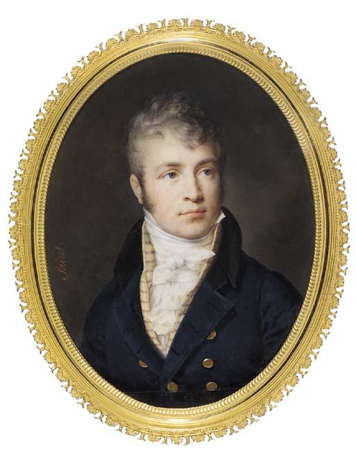 Daniel Saint - A Young Gentleman, Probably From The Poisallole de Nanteuil de La Norville Family, In Blue Coat With Gold Buttons, Cream And Brown Striped Waistcoat, Knotted Cravat (Artist\'S Joins)