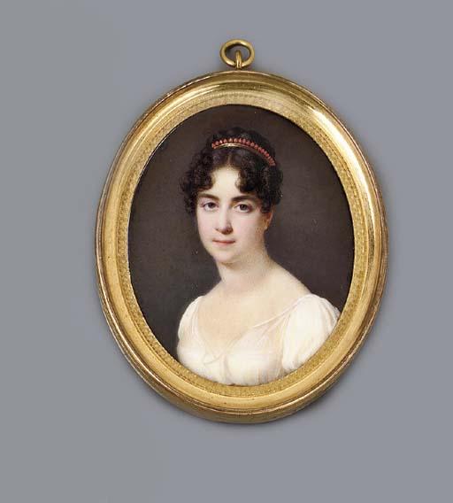 Daniel Saint - A young lady, full face in white dress with chiffon bodice, coral and gold tiara in her upswept dark curled hair