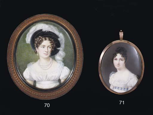 Daniel Saint - A young lady in white dress with frilled lace collar and blue and white checked sash, upswept curling hair