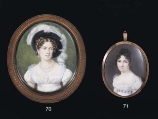 Daniel Saint - A young lady in white dress with frilled lace collar and blue and white checked sash, upswept curling hair