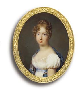 Daniel Saint - A Young Lady, In White Dress With Gauze Attached To Her Short Puff Sleeves, Blue And White Checked Sash, Pale Blue Embroidered Cashmere Stole Draped Over Her Shoulders, Her Fair Hair Curled And Upswept In A Plait