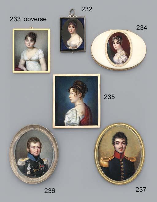 Daniel Saint - Elise Maria Anna Bonaparte, Grand Duchess of Tuscany (1777-1820), In White Dress, Gold Belt Tied Twice Around Her Waist, Gold Pin Fastened At Shoulder, Pink And Blue Flowers And Foliage In Her Upswept Dark Hair