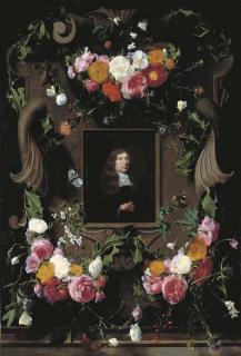 Daniel Seghers - A cartouche surrounded by garlands of roses, thistle, holly and other flowers and butterflies with a later portrait of a gentleman, seated, bust-length, in a black cloak with a lace collar