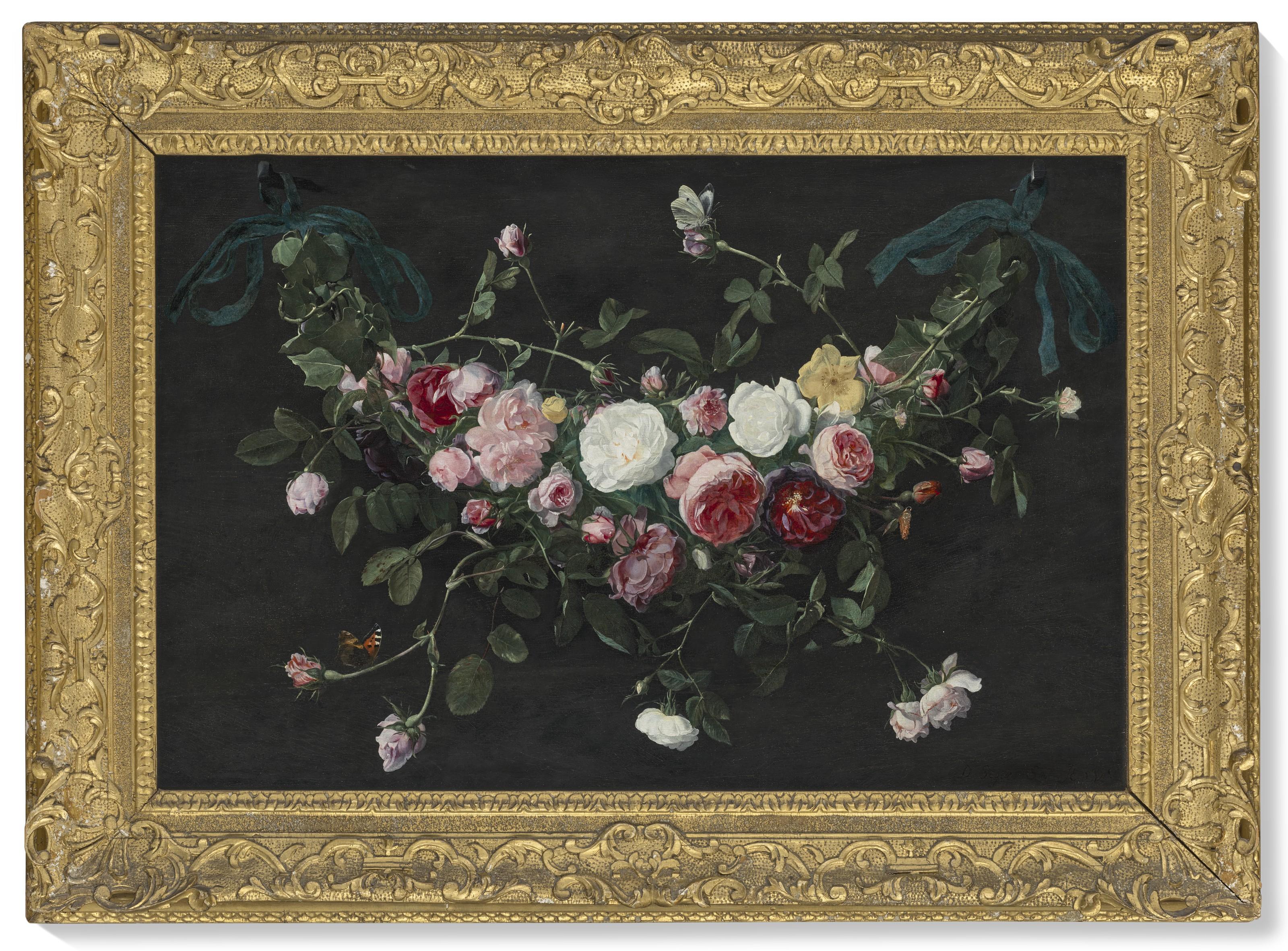 Daniel Seghers - A garland of roses and ivy suspended by ribbons, with a cabbage white and a tortoiseshell butterfly