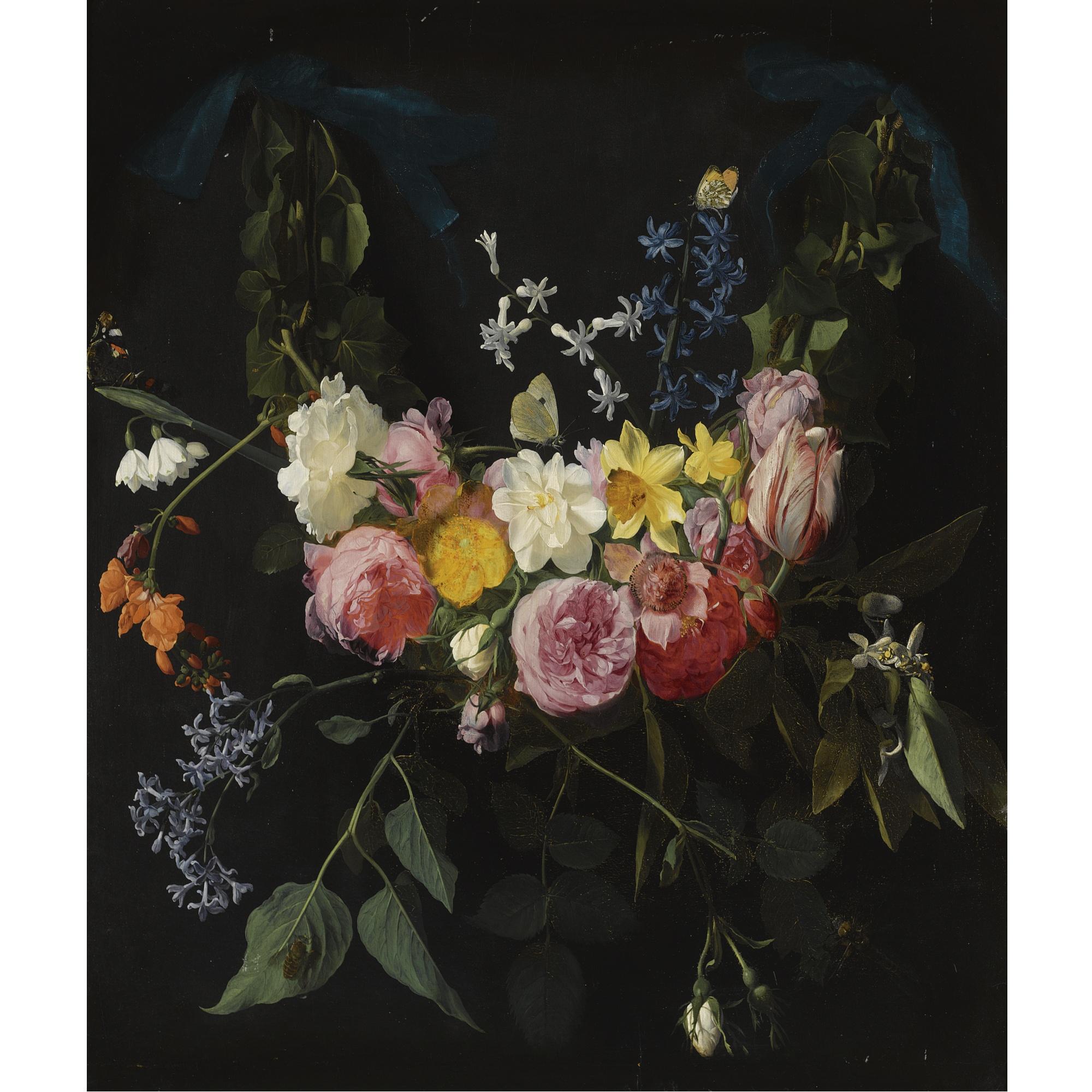 Daniel Seghers - A Swag Of Flowers, Including A Provins Rose, An Austrian Briar, A White Rose, Incomparabilus Narcissus And A Hyacinth, Bound By Ivy And Suspended From Two Blue Silk Ribbons, With Butterflies And A Dragonfly