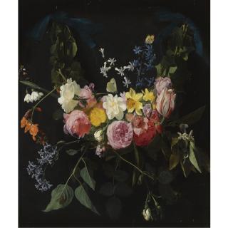 Daniel Seghers - A Swag Of Flowers, Including A Provins Rose, An Austrian Briar, A White Rose, Incomparabilus Narcissus And A Hyacinth, Bound By Ivy And Suspended From Two Blue Silk Ribbons, With Butterflies And A Dragonfly