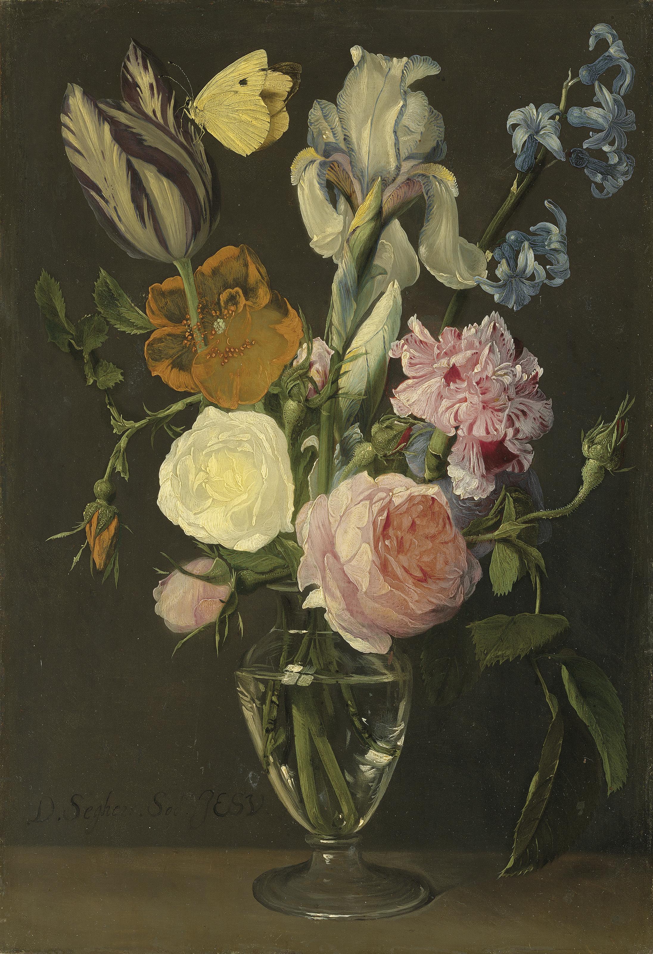 Daniel Seghers - Roses, tulips, irises and other flowers in a glass vase with a cabbage white butterfly