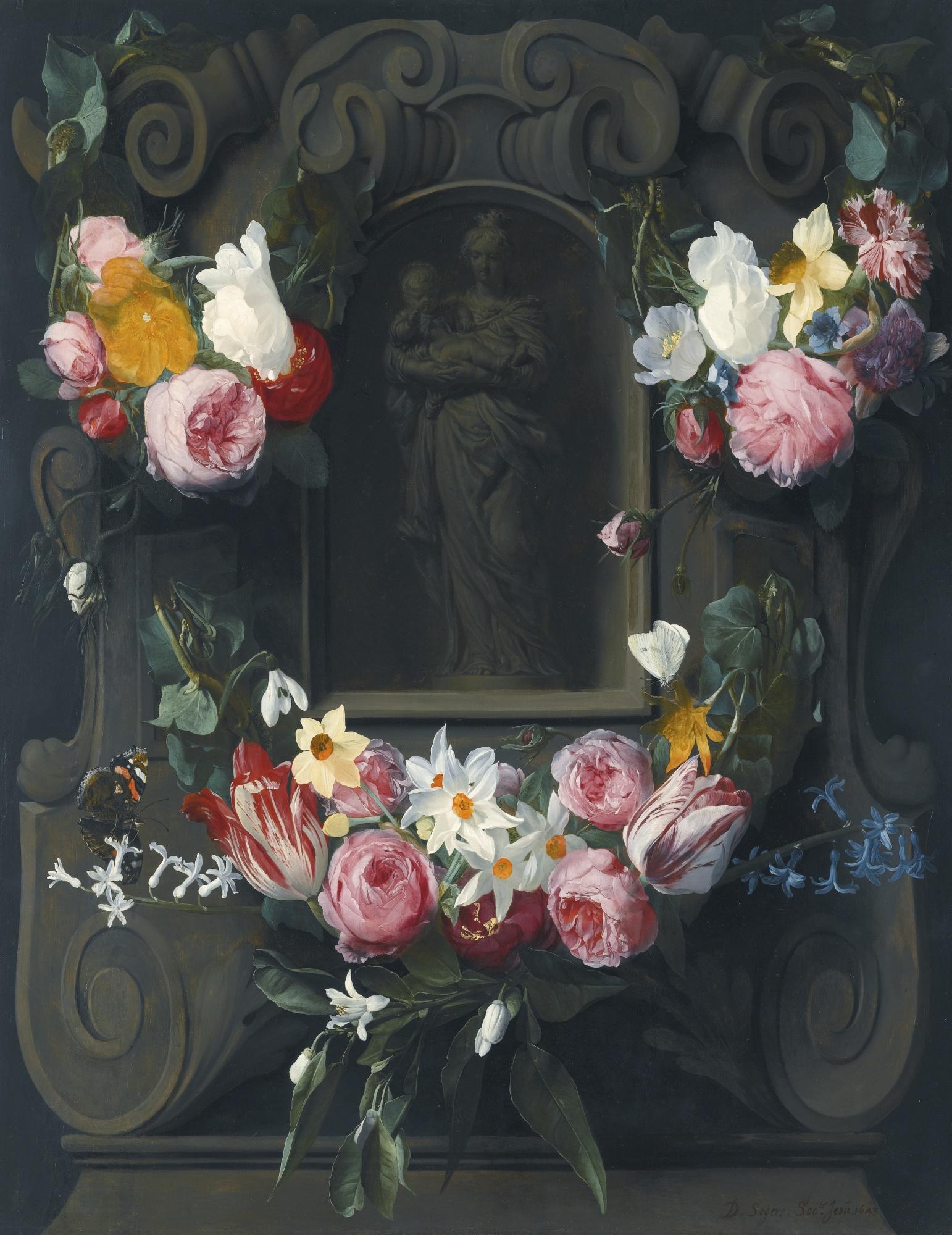 Daniel Seghers - Swags Of Flowers Adorning A Cartouche With The Virgin And Child