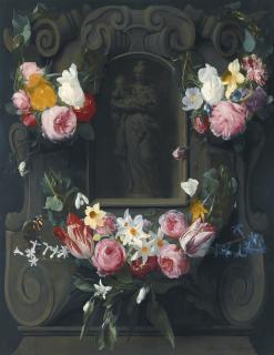Daniel Seghers - Swags Of Flowers Adorning A Cartouche With The Virgin And Child