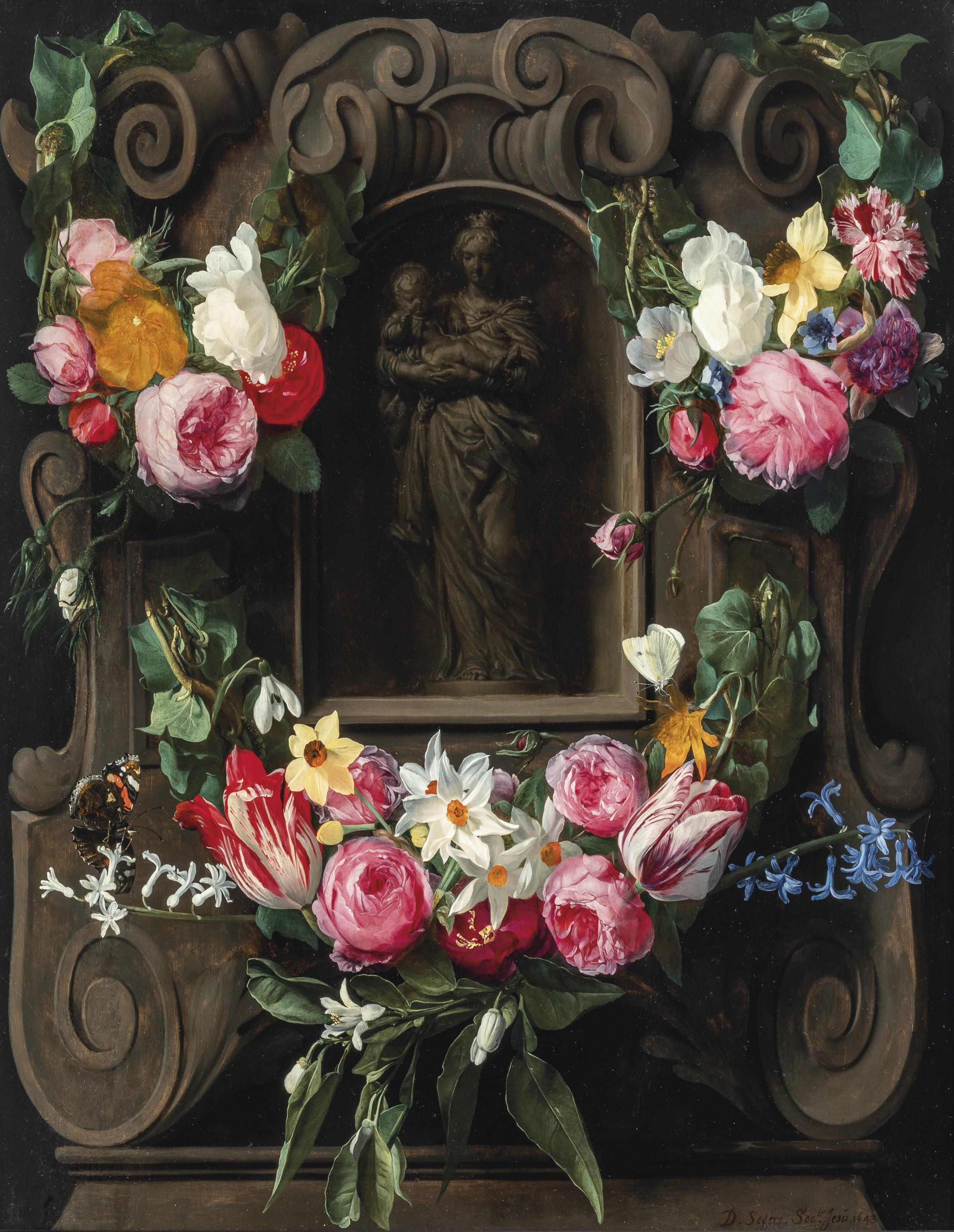 Daniel Seghers - Swags of flowers surrounding a cartouche with the Virgin and Child