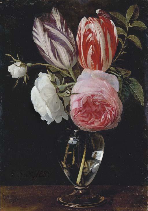 Daniel Seghers - Two parrot tulips, two white roses and a pink rose in a glass vase on a wooden ledge