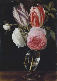 Daniel Seghers - Two parrot tulips, two white roses and a pink rose in a glass vase on a wooden ledge