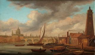 Daniel Turner - A view of the Thames with Westminster Bridge and Saint Paul\'s beyond and the Shot Tower, Lambeth in the foreground