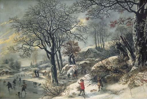 Daniel van Heil - A frozen river landscape with huntsmen and skaters
