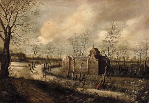 Daniel Van Heil - A wooded landscape with hunters on a path, a castle beyond