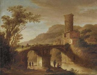 Daniel Van Heil - An Italianate landscape with fishermen by a river and peasants crossing a bridge leading to a town