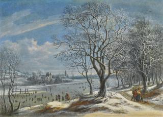 Daniël Van Heil - Winter Landscape And Skaters With Figures On A Path In A Wood, A Town (Probably Antwerp) Beyond