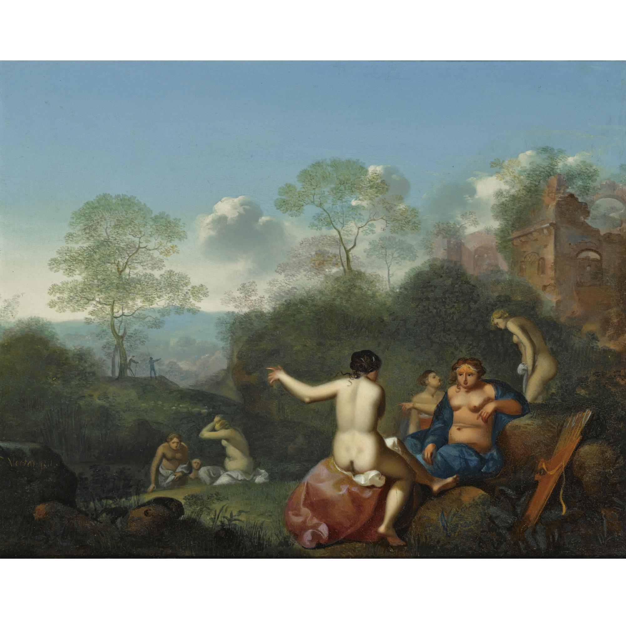 Daniel Vertangen - A Mountainous Landscape With Diana And Her Nymphs Resting Near Ruins