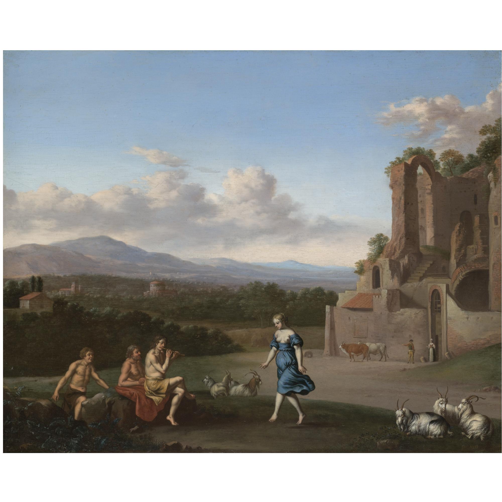 Daniel Vertangen - A Pastoral Landscape With A Shepherd Playing The Flute And A Girl Dancing, With Other Shepherds Watching