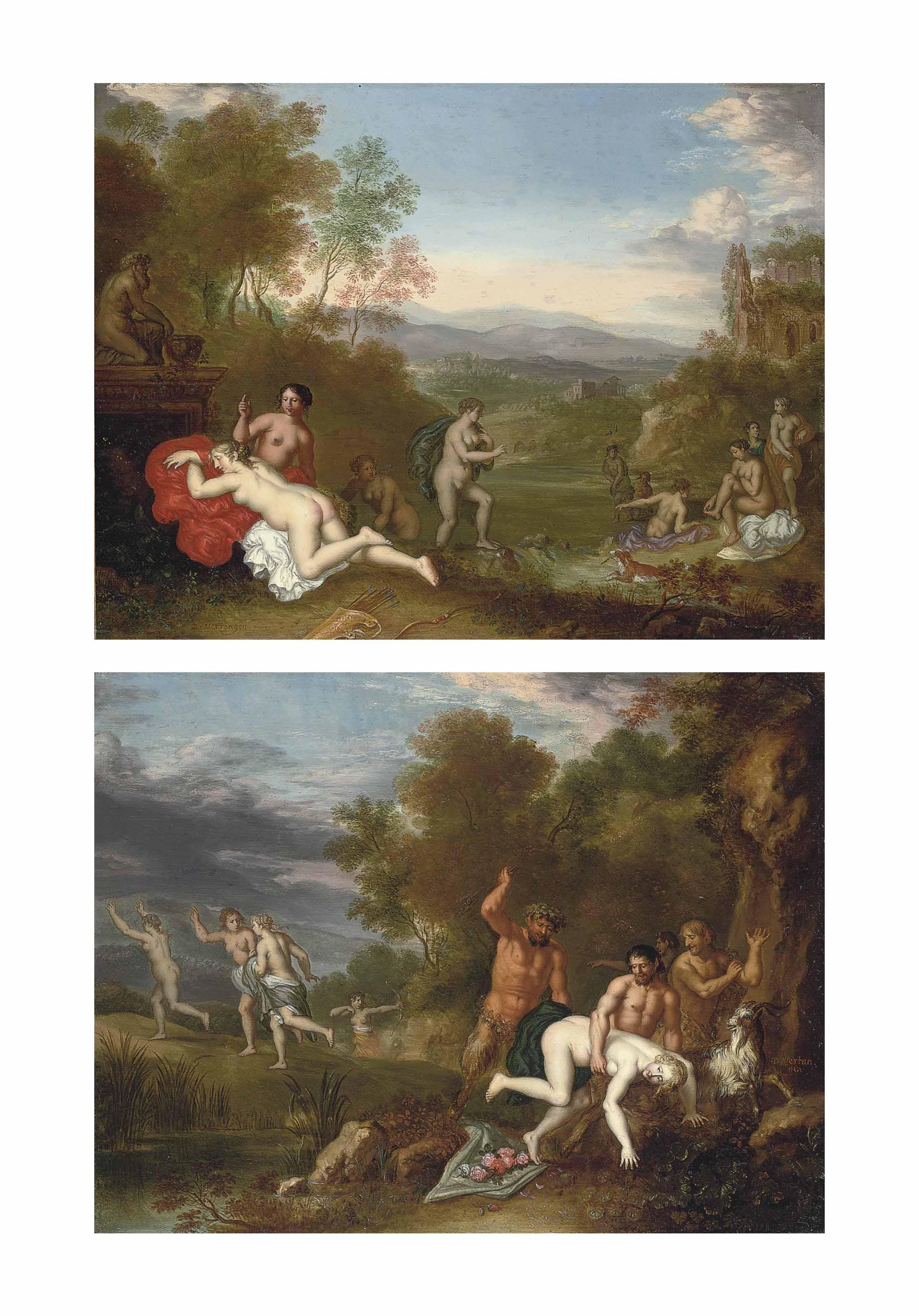 Daniel Vertangen - A Wooded River Landscape With Diana And Her Nymphs Bathing; And A Wooded River Landscape With A Nymph Being Chastened By A Satyr